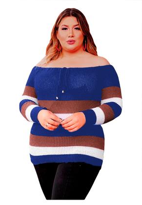 Imagem de Blusa Tricot Plus Size Feminina Frio Listras Moda Inverno