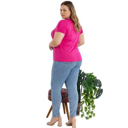 Imagem de Blusa Tshirt Feminina Decote Em V Com Mangas Detalhadas Em Botão Plus Size 40624A