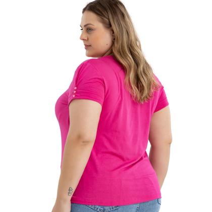Imagem de Blusa Tshirt Feminina Decote Em V Com Mangas Detalhadas Em Botão Plus Size 40624A