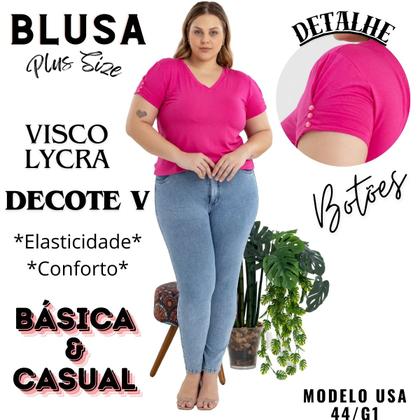 Imagem de Blusa Tshirt Feminina Decote Em V Com Mangas Detalhadas Em Botão Plus Size 40624A