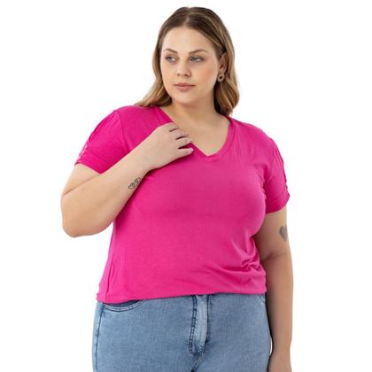 Imagem de Blusa Tshirt Feminina Decote Em V Com Mangas Detalhadas Em Botão Plus Size 40624A