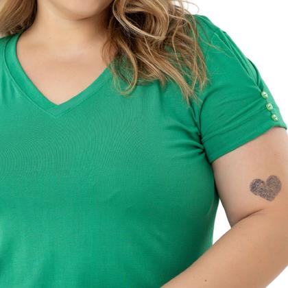 Imagem de Blusa Tshirt Feminina Decote Em V Com Mangas Detalhadas Em Botão Plus Size 40624A