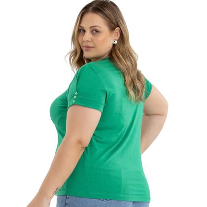 Imagem de Blusa Tshirt Feminina Decote Em V Com Mangas Detalhadas Em Botão Plus Size 40624A