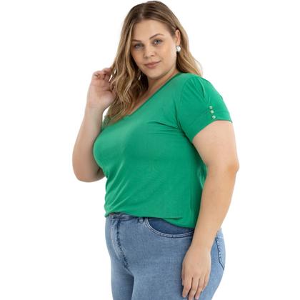 Imagem de Blusa Tshirt Feminina Decote Em V Com Mangas Detalhadas Em Botão Plus Size 40624A