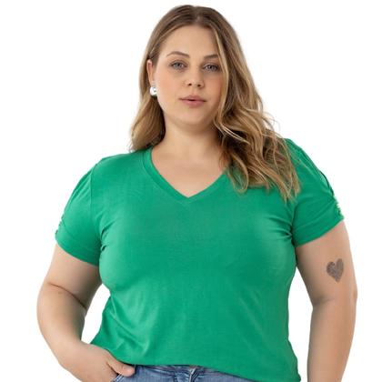 Imagem de Blusa Tshirt Feminina Decote Em V Com Mangas Detalhadas Em Botão Plus Size 40624A