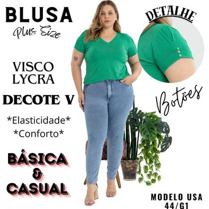 Imagem de Blusa Tshirt Feminina Decote Em V Com Mangas Detalhadas Em Botão Plus Size 40624A