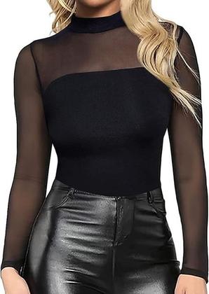 Imagem de Blusa Tule Feminina Manga Longa Gola Alta Transparente Versátil Elegante Luxo
