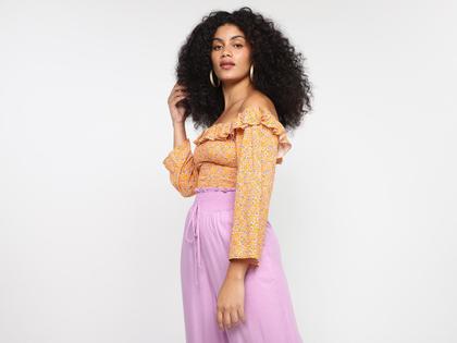 Imagem de Blusa Vista Magalu Lastex Floral Babados Manga 3/4