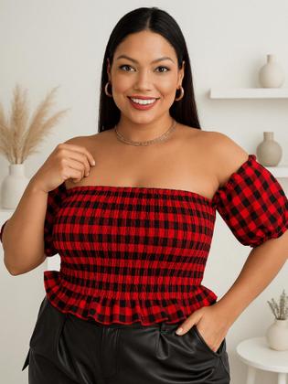 Imagem de Blusa Xadrez Feminina Cropped Plus Size Ciganinha Lastex Ajustável Casual Festa Junina