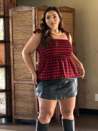 Imagem de Blusa Xadrez Feminina Plus Size Cropped e Bata Ajustável Confortável Moda Festa Junina São João