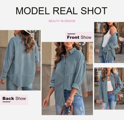 Imagem de Blusão Shacket Dokotoo para mulher em veludo cotelê azul celeste tamanho L