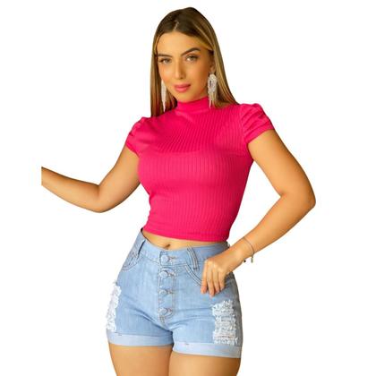 Imagem de Blusinha Feminina Gola Alta Sem Manga Rosa Tecido Canelado