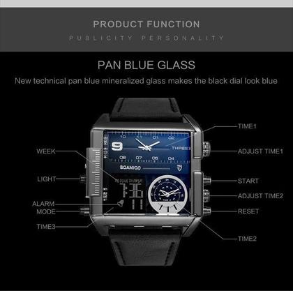 Imagem de Boamigo relógios 3 fuso horário grande homem, led relógio de pulso quartzo couro relogio masculino.