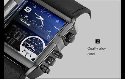 Imagem de Boamigo relógios 3 fuso horário grande homem, led relógio de pulso quartzo couro relogio masculino.