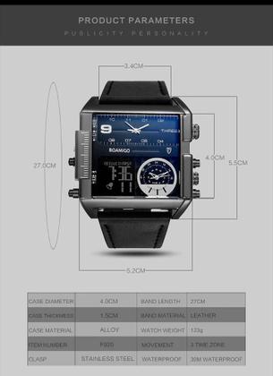 Imagem de Boamigo relógios 3 fuso horário grande homem, led relógio de pulso quartzo couro relogio masculino.