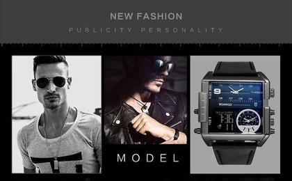 Imagem de Boamigo relógios 3 fuso horário grande homem, led relógio de pulso quartzo couro relogio masculino.