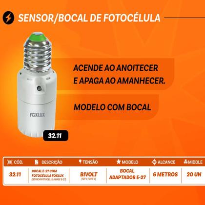Imagem de Bocal com Sensor de Fotocélula Foxlux E27 Bivolt  Acendimento Automático para Iluminação Interna e Externa Coberta