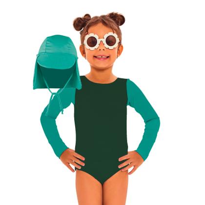 Imagem de Body Bebê Manga Longa Infantil com Boné Térmico Proteção Solar UV 50 Banho Praia Piscina
