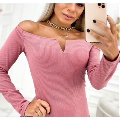 Imagem de Body blusa decote v manga longa canelado feminino fashion