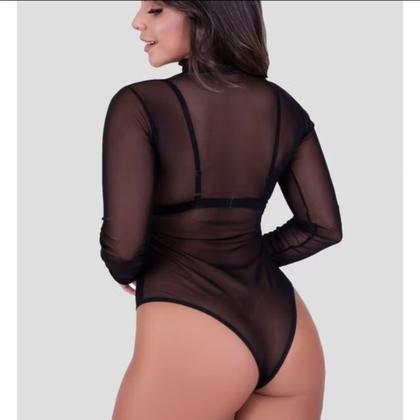 Imagem de Body Blusa Feminina Manga Longa Segunda Pele Tule Preto Bory