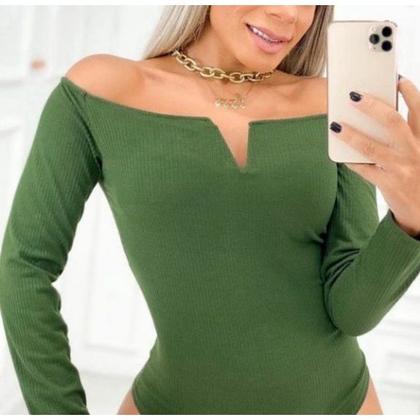 Imagem de Body blusa feminino decote v manga longa canelado elegante