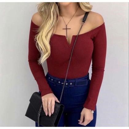 Imagem de Body blusa feminino decote v manga longa canelado elegante