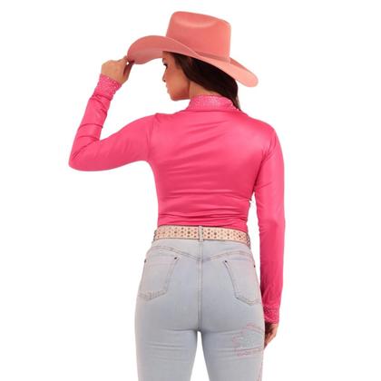 Imagem de Body Camisa Cirrê Pink Bordado Branco Moda Country Modelador Cowgirl Miss Texas Ranch Jeans Oficial