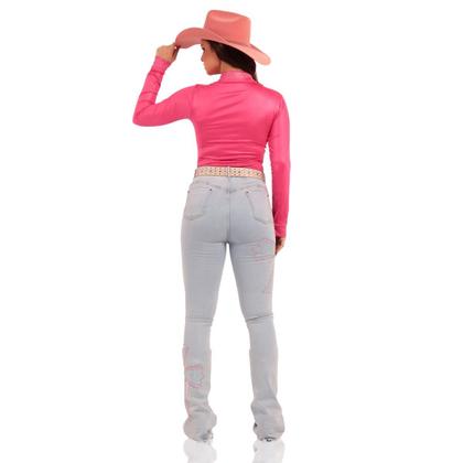 Imagem de Body Camisa Cirrê Pink Bordado Branco Moda Country Modelador Cowgirl Miss Texas Ranch Jeans Oficial