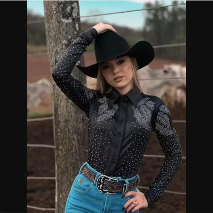 Imagem de Body Camisa Country Feminino Manga Longa Com Strass Rodeio