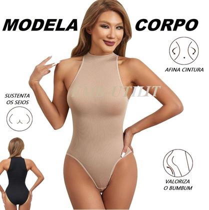 Imagem de Body Cinta Modeladora de Compressão Realça Curvas com Gola Alta Sem Bojo Collant Afina Cintura Super Elasticidade