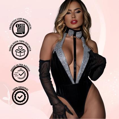 Imagem de Body Feminino Decote Preto Lingerie Detalhes Brilhantes Moderno Gola Estilo Gravata