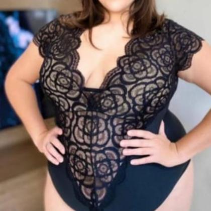 Imagem de Body feminino plus size tule renda decote v faixa manga curta moderno