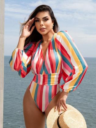 Imagem de Body Manga Longa Blusa Feminina Decotada Poliamida Luxo