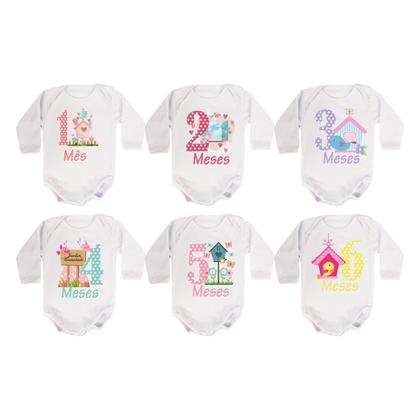 Imagem de Body Mesversario Manga Longa Jardim Encantado Kit 12 bodies de Bebê