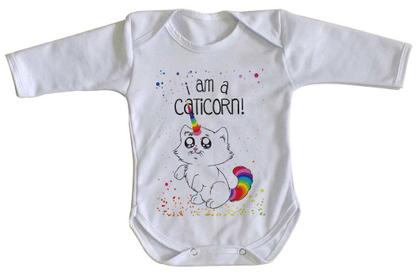 Imagem de body nenê criança roupa bebê manga longa I am a caticorn gato unicórnio