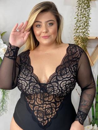 Imagem de Body plus size manga tule transparente