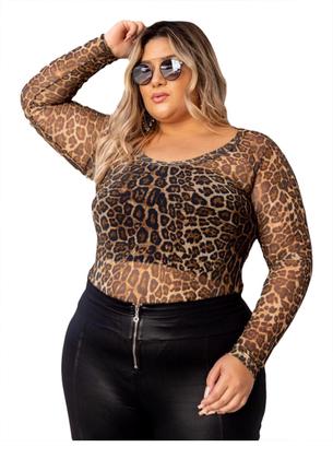 Imagem de Body Plus Size Tule Manga Longa Onça Oncinha Transparência
