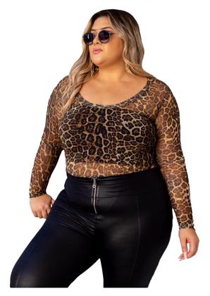 Imagem de Body Plus Size Tule Manga Longa Onça Oncinha Transparência