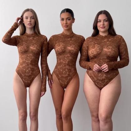 Imagem de Body Renda Feminino Manga Longa Gola Alta Sexy Elegante Transparente Bori Festa Mulher