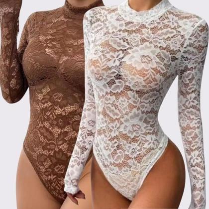 Imagem de Body Renda Feminino Manga Longa Gola Alta Sexy Elegante Transparente Bori Festa Mulher