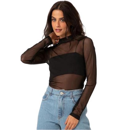 Imagem de Body Tule Feminino Blusinha Transparente Manga Longa