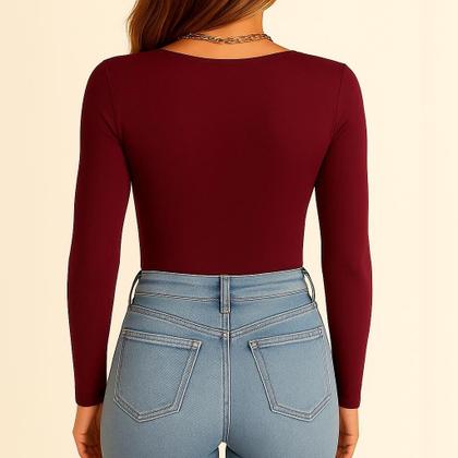 Imagem de Body Vermelho Feminino Suplex Manga Longa Decote Quadrado