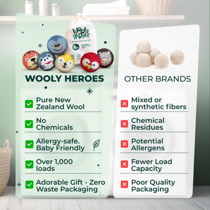 Imagem de Bolas secadoras de lã Wooly Heroes XL, pacote com 6, reduzem a estática e as rugas