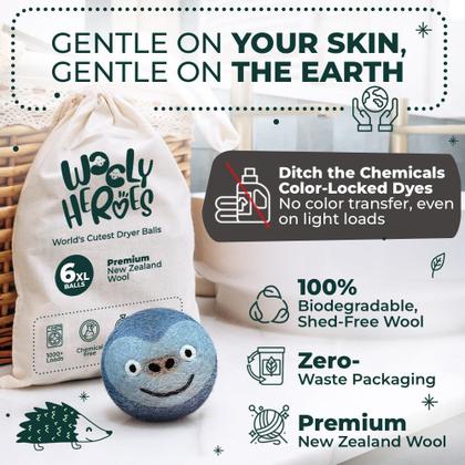Imagem de Bolas secadoras de lã Wooly Heroes XL, pacote com 6, reduzem a estática e as rugas