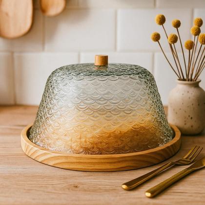Imagem de Boleira Porta Pães Artesanal Madeira e Vidro Boho Chic 33cm