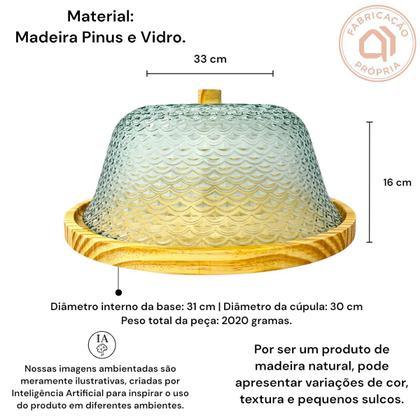 Imagem de Boleira Porta Pães Artesanal Madeira e Vidro Boho Chic 33cm