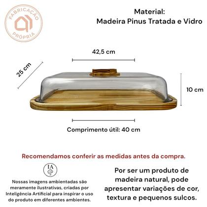 Imagem de Boleira Porta Tortas Retangular Grande Madeira Vidro 40cm