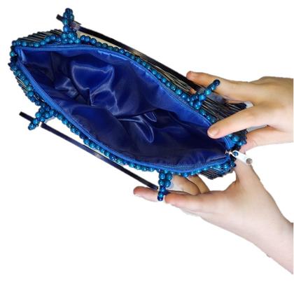 Imagem de Bolsa Artesanal Peças Madeira Envernizada Azul, Alça Curta