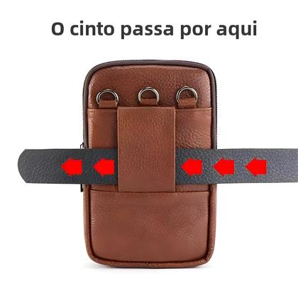 Imagem de Bolsa de Cintura Masculina de Couro Marrom - Grande Capacidade e Fivela Multicamadas