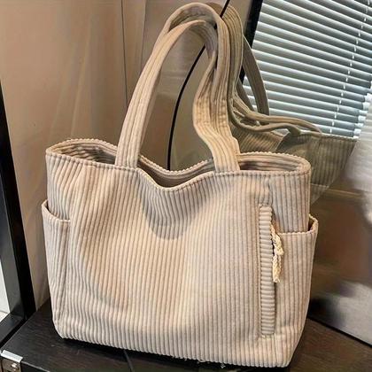 Imagem de Bolsa De Corduroy Grande E Leve Com Fecho De Zíper, Cor Sólida, Bolsa De Transporte Diária